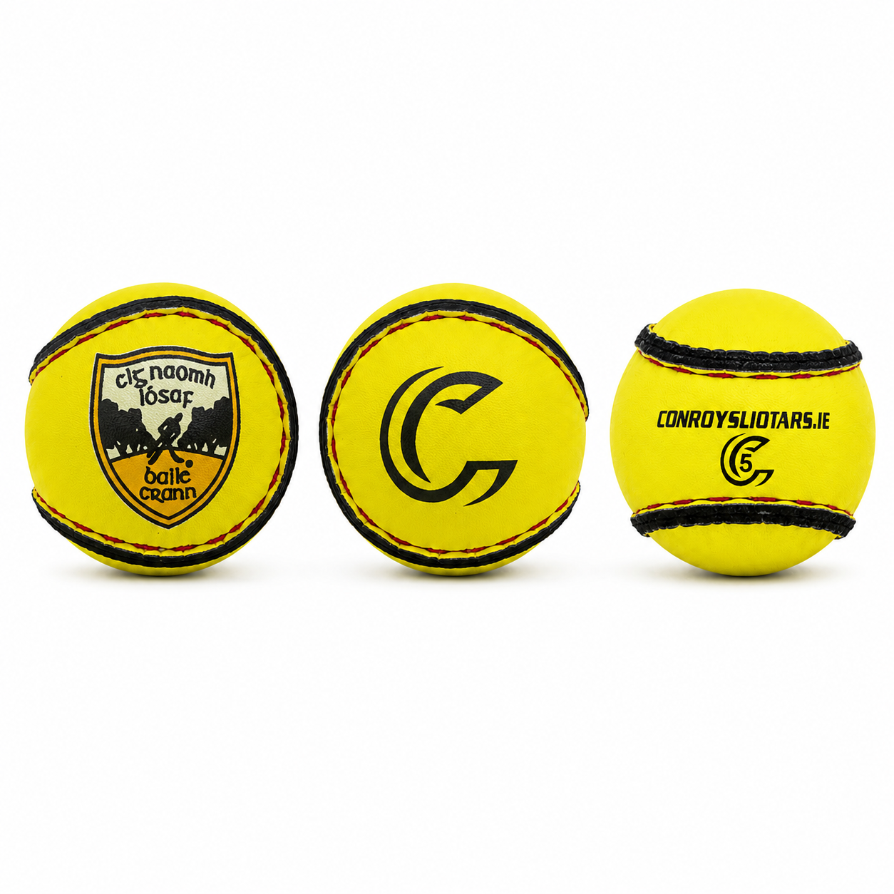 Personalised Conroy Size 5 sliotars printed with the Naomh Iósaf Baile Crann club crest