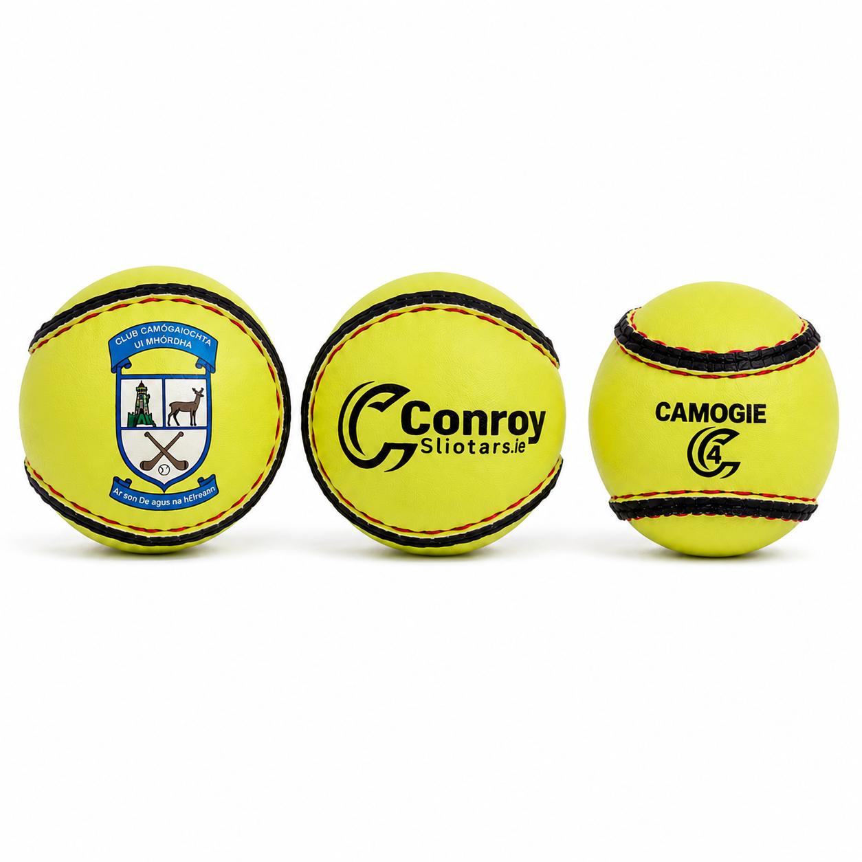Personalised camogie sliotars printed with the Club Camógaíochta Uí Mhórdha crest