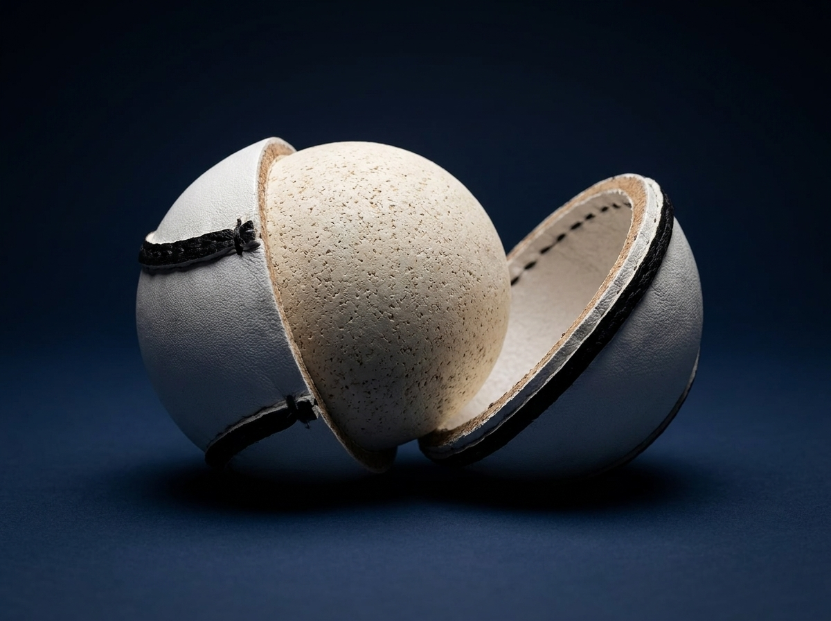 A Conroy sliotar opened in half: cork-textured polyurethane core beside the leather shell, its stitched rim and cover thickness visible on the cut edge