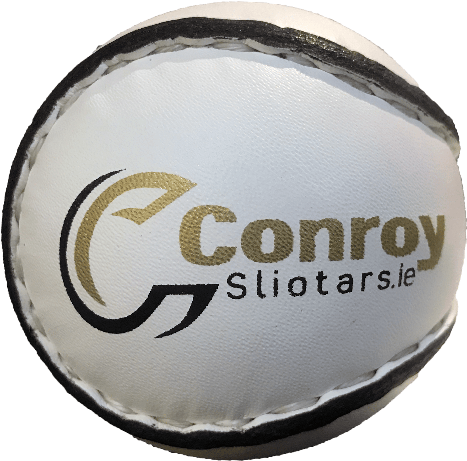 Conroy hand-stitched white leather sliotar with the gold Conroy Sliotars.ie crest