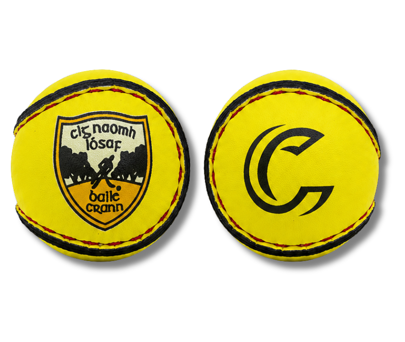 Personalised yellow Conroy sliotars printed with the Naomh Iósaf Baile Crann crest and the Conroy mark